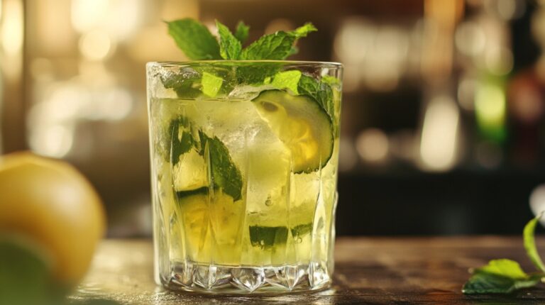 Glass of cucumber lemon mint water with ice and fresh herbs on a wooden table, in a warm, softly lit setting