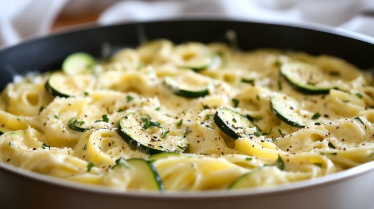 Close-up of lemon butter ricotta zucchini pasta in a skillet, garnished with herbs and black pepper
