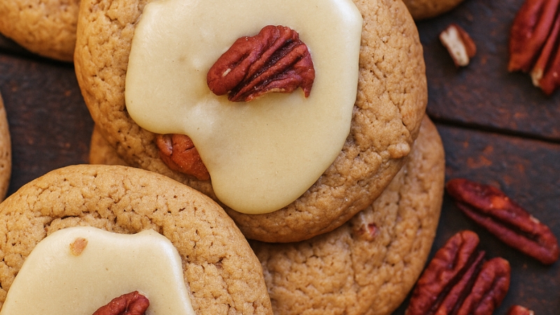 Chewy maple syrup pecan cookies topped with smooth maple glaze and whole pecans on a wooden surface