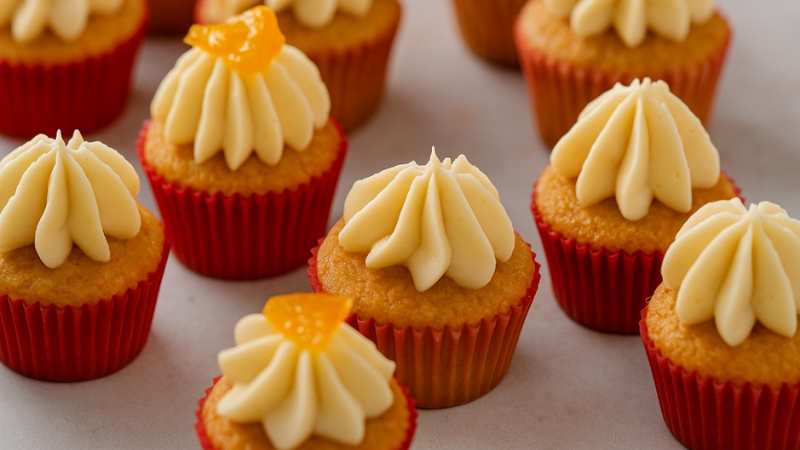 Clementine squash cupcakes in red liners topped with maple Italian meringue buttercream and bits of clementine