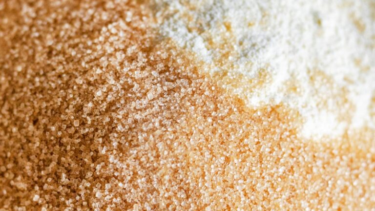 Close-up of maple sugar granules next to white sugar